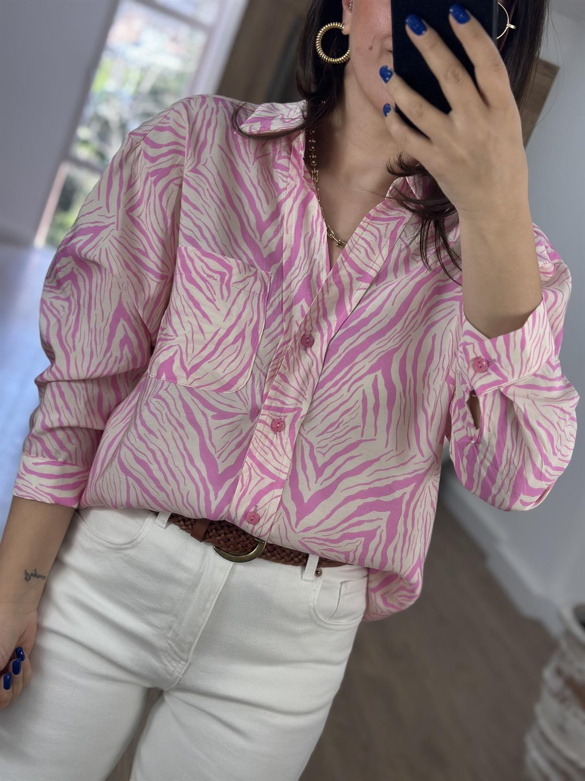 Zebra Desen Tensel Gömlek-Pembe