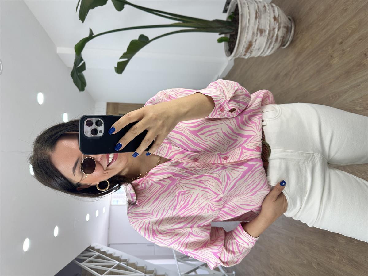 Zebra Desen Tensel Gömlek-Pembe