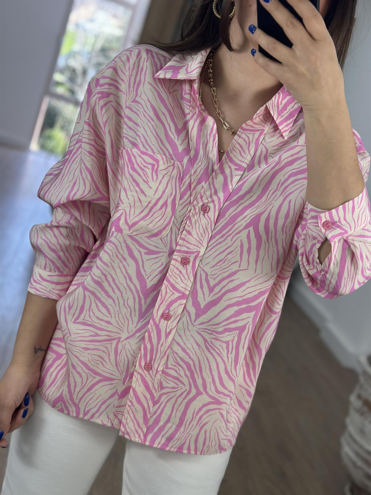 Zebra Desen Tensel Gömlek-Pembe