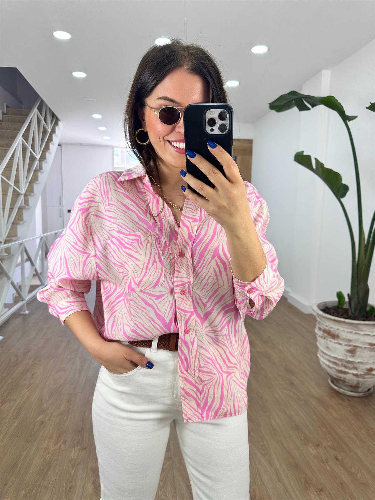 Zebra Desen Tensel Gömlek-Pembe