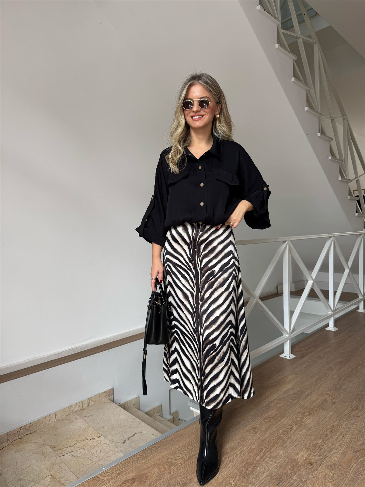 Zebra Desenli Midi Boy Etek - Ekru