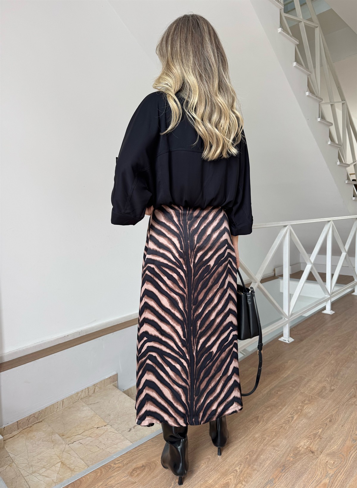 Zebra Desenli Midi Boy Etek - Kahverengi