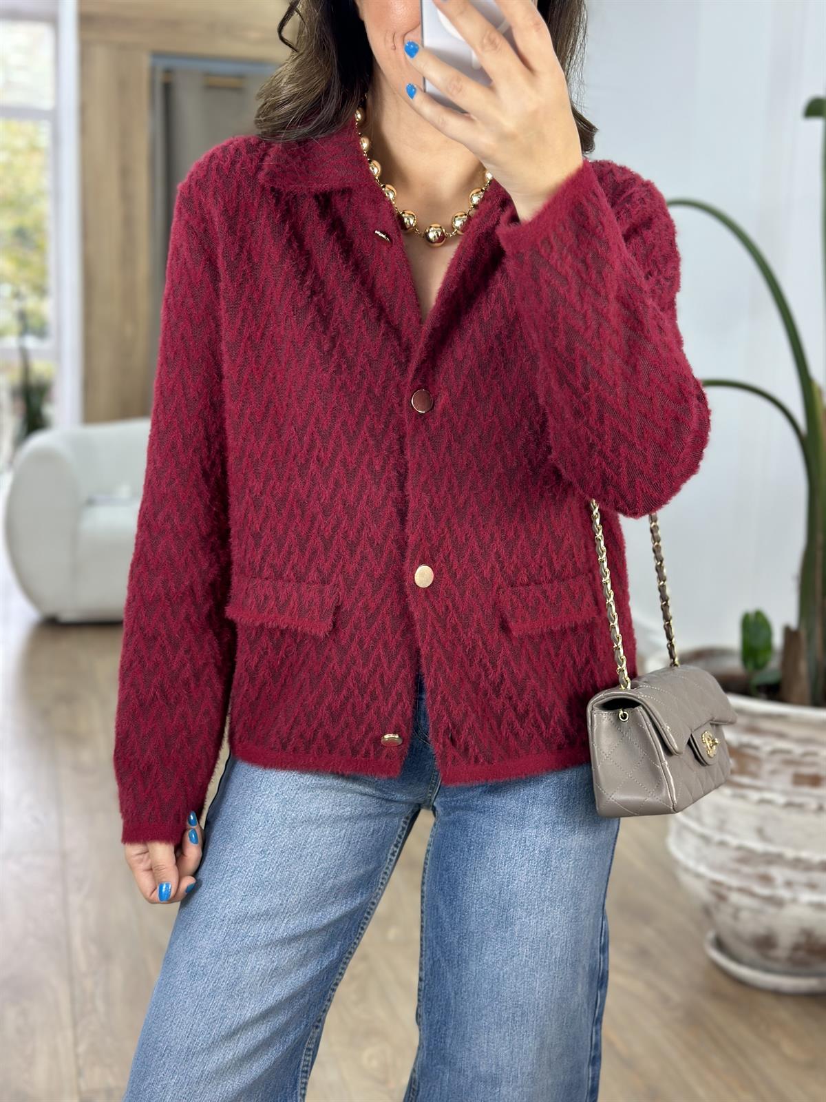 Zigzag Desen Triko Ceket - Bordo