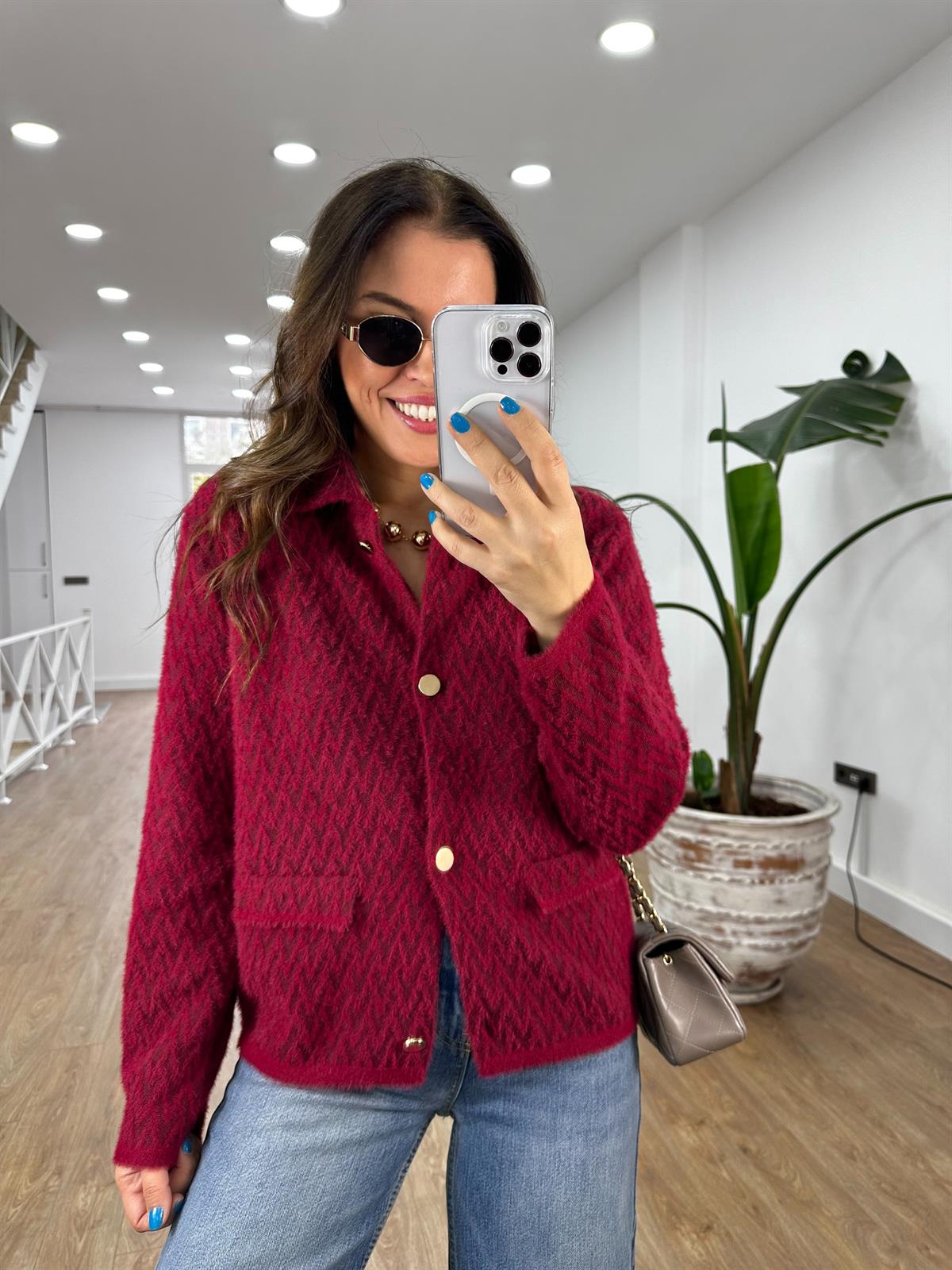 Zigzag Desen Triko Ceket - Bordo