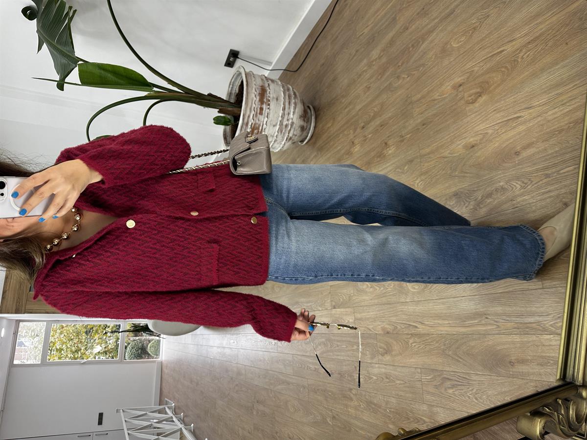 Zigzag Desen Triko Ceket - Bordo