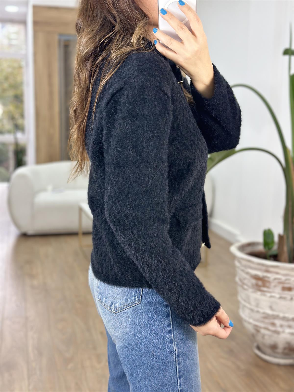 Zigzag Desen Triko Ceket - Siyah