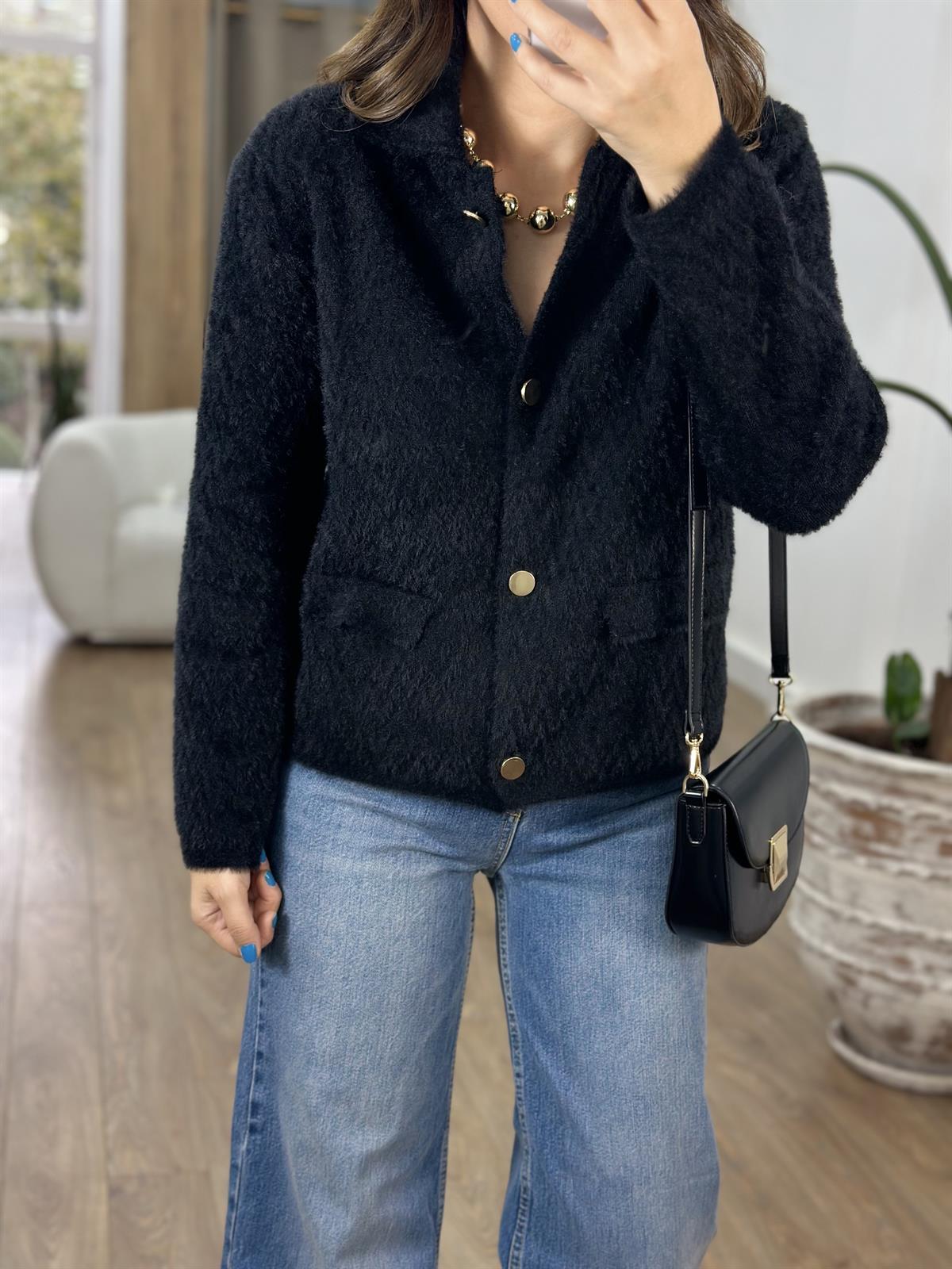 Zigzag Desen Triko Ceket - Siyah