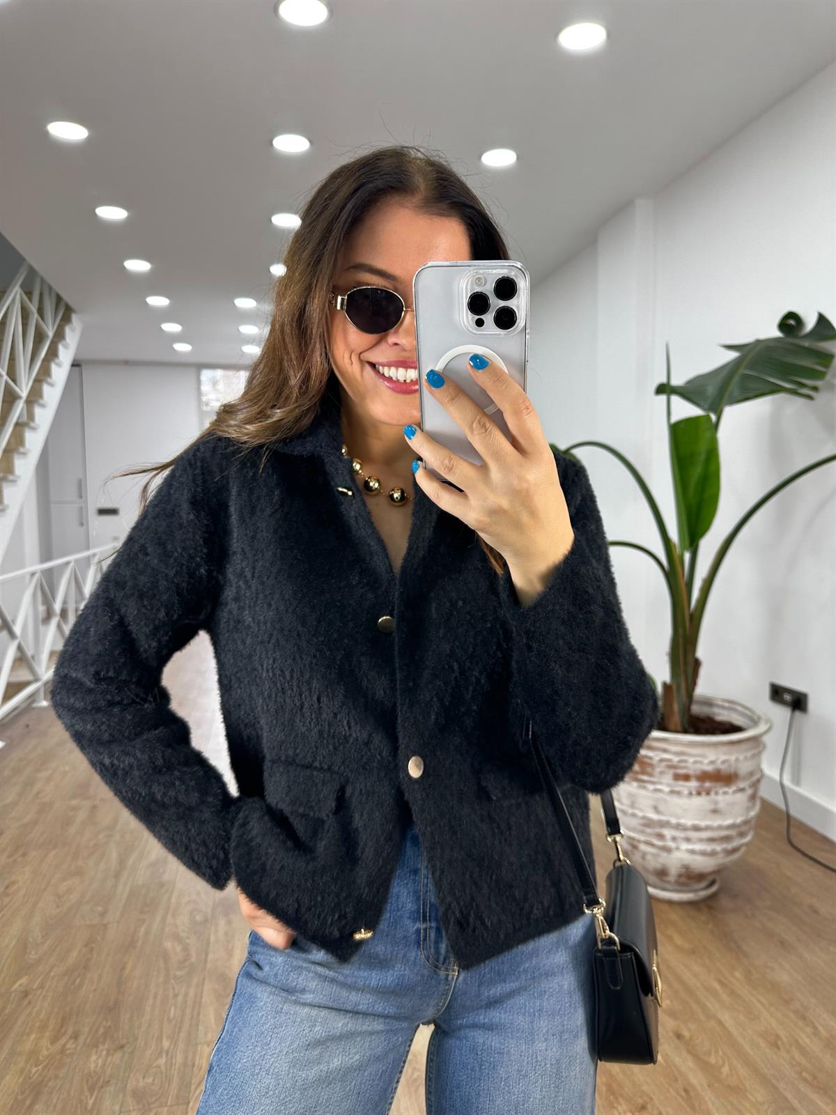 Zigzag Desen Triko Ceket - Siyah