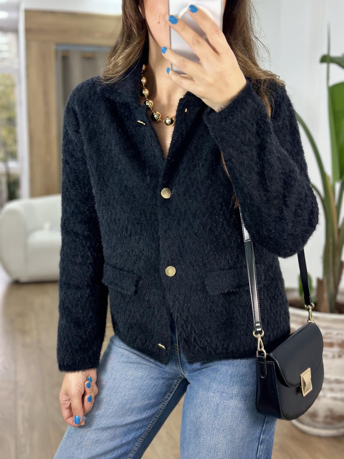 Zigzag Desen Triko Ceket - Siyah