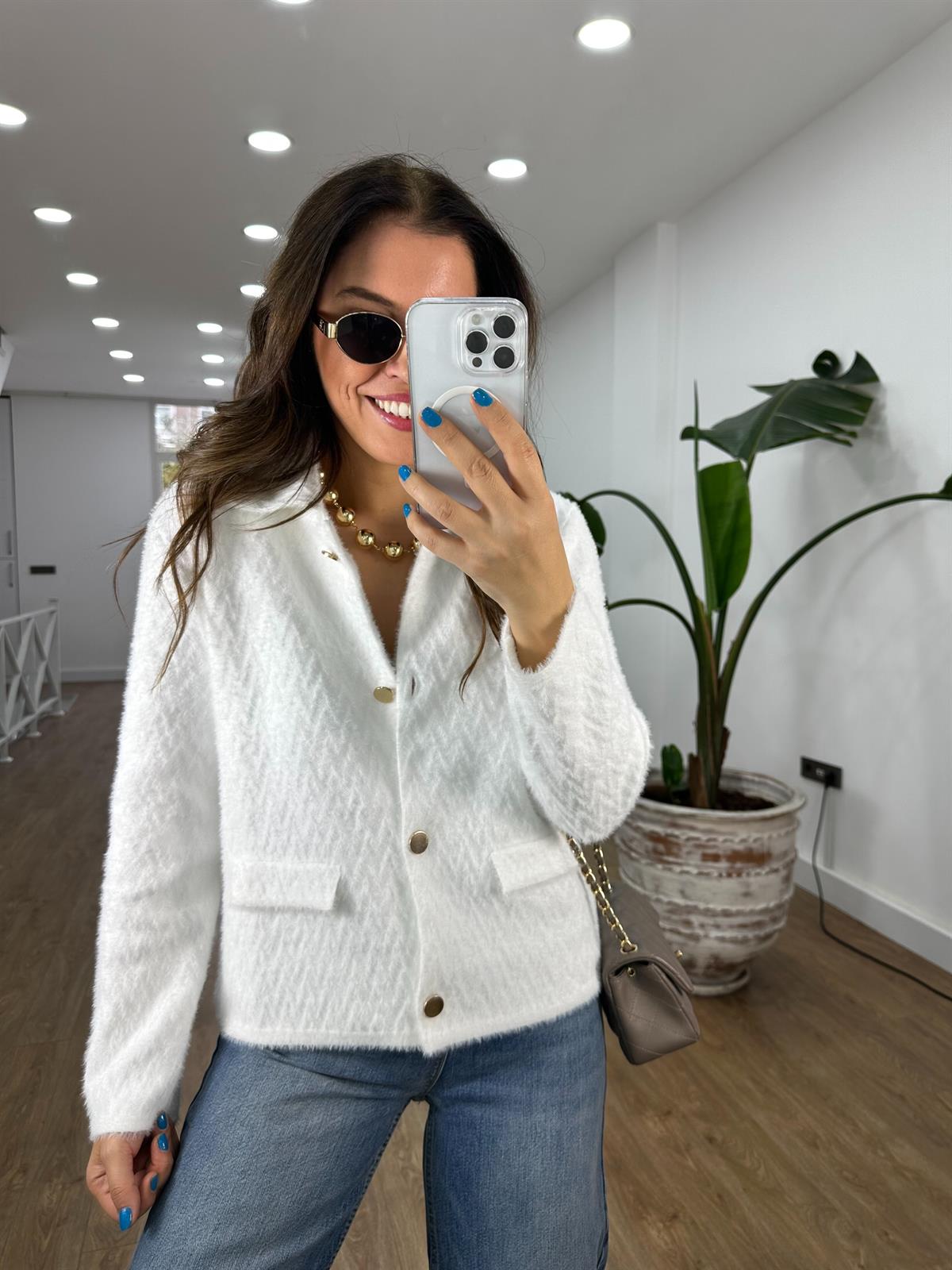 Zigzag Desen Triko Ceket - Ekru