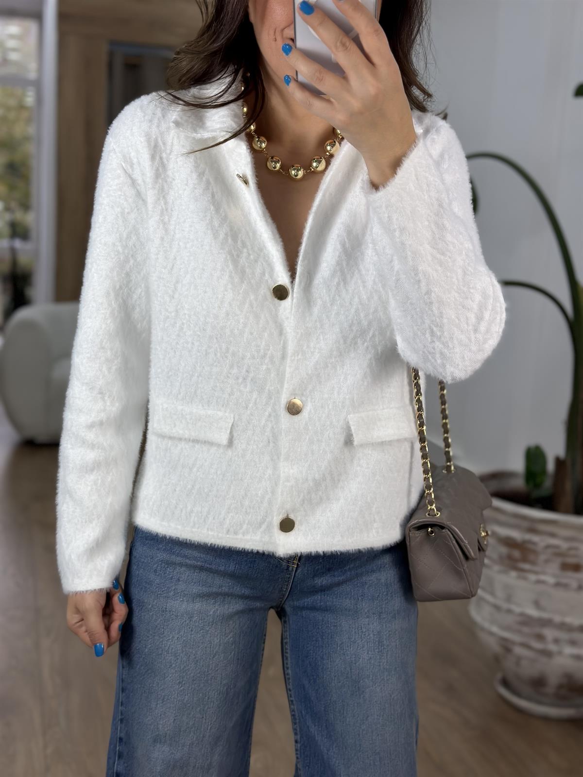 Zigzag Desen Triko Ceket - Ekru