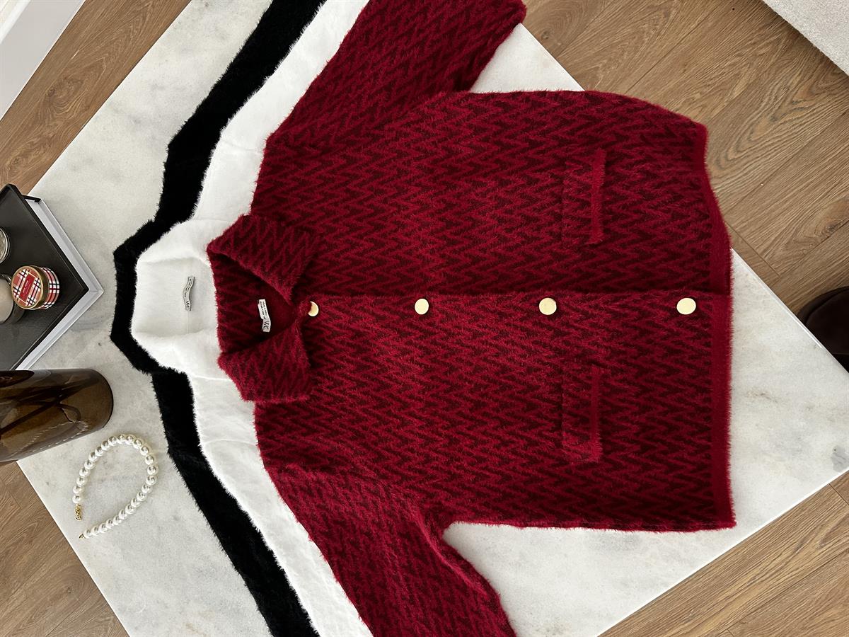 Zigzag Desen Triko Ceket - Ekru