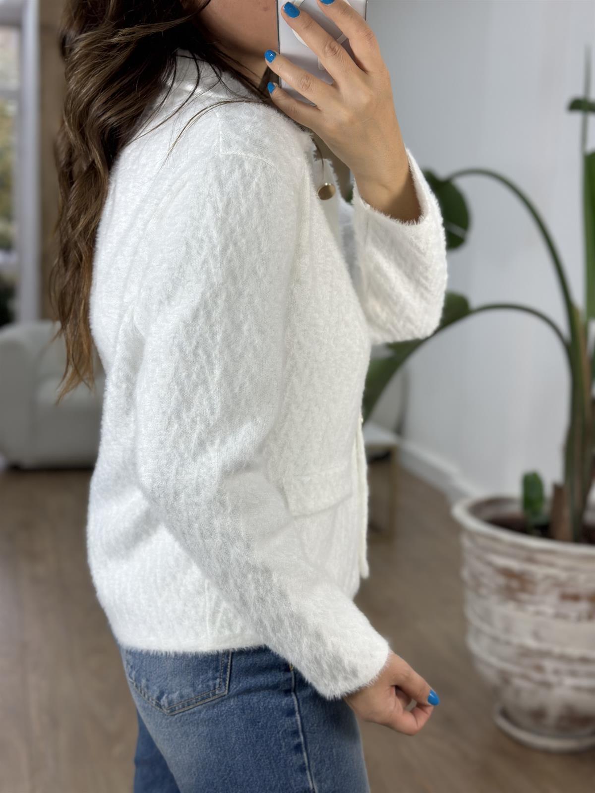 Zigzag Desen Triko Ceket - Ekru