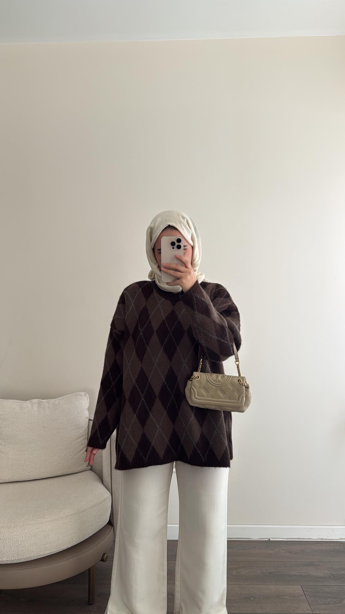 BAKLAVA DESEN TRİKO KAZAK - KAHVE