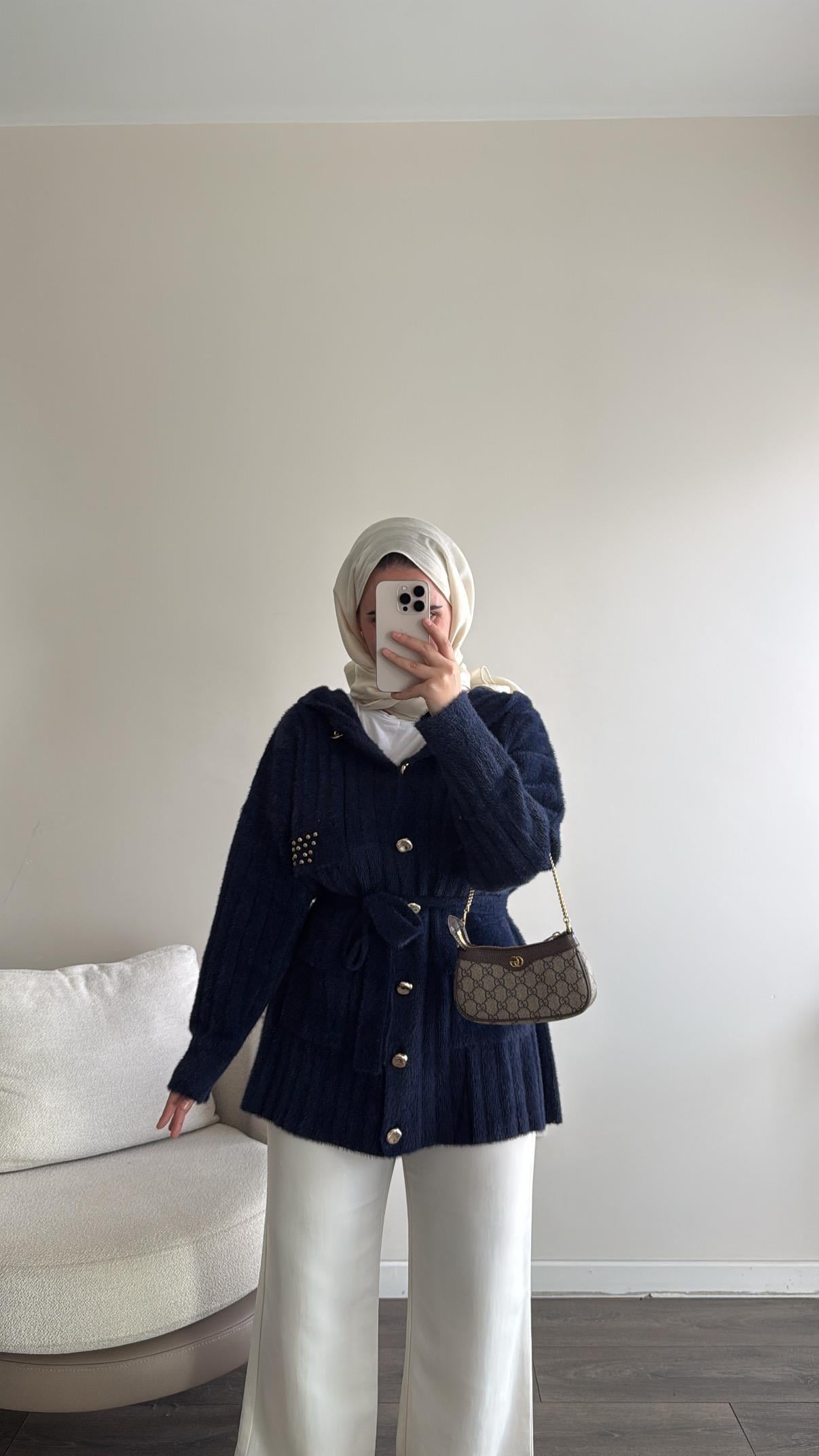 Cep Detaylı Angora Hırka - Lacivert