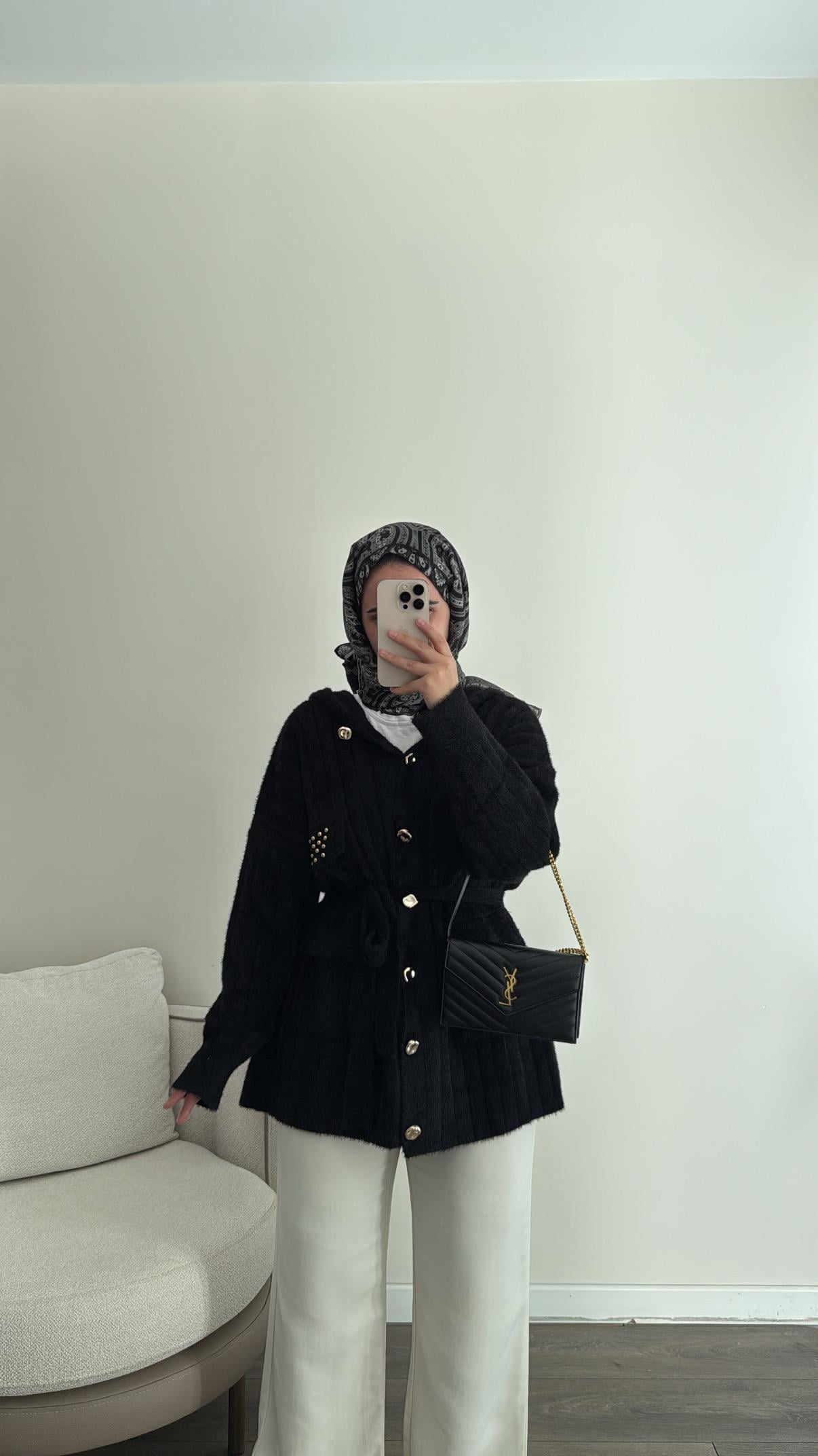 Cep Detaylı Angora Hırka - Siyah