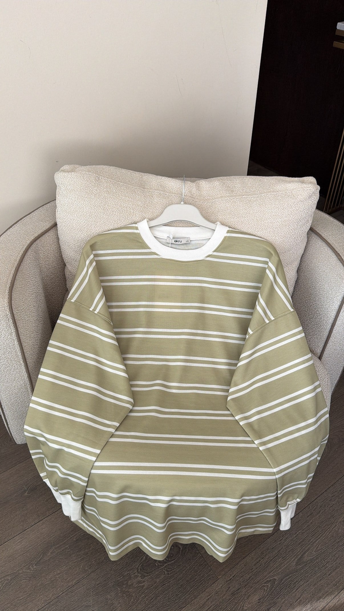 Çizgili Düşük Omuzlu Sweatshirt - Yeşil