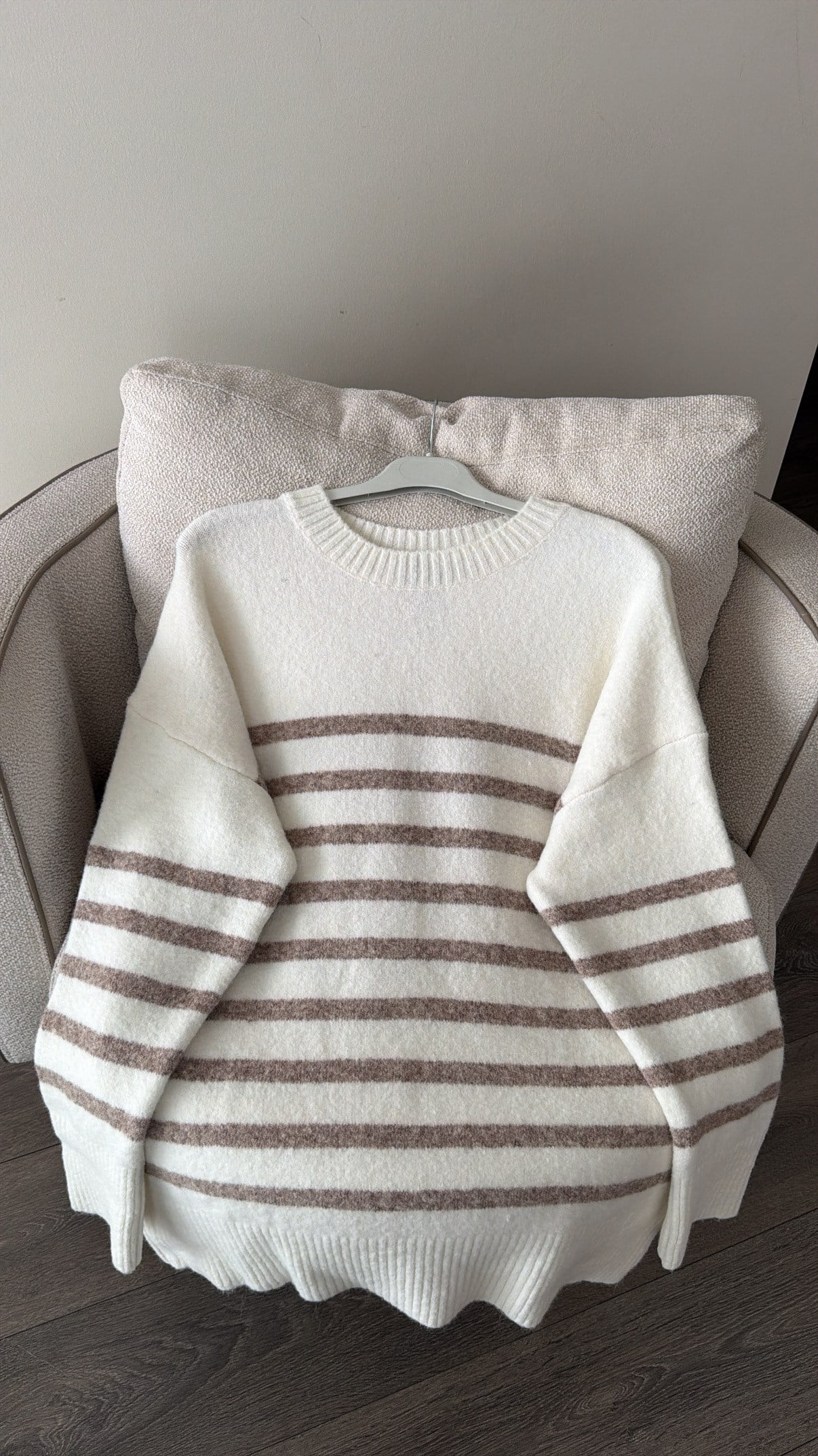 Çizgili Oversize Triko Kazak - Krem