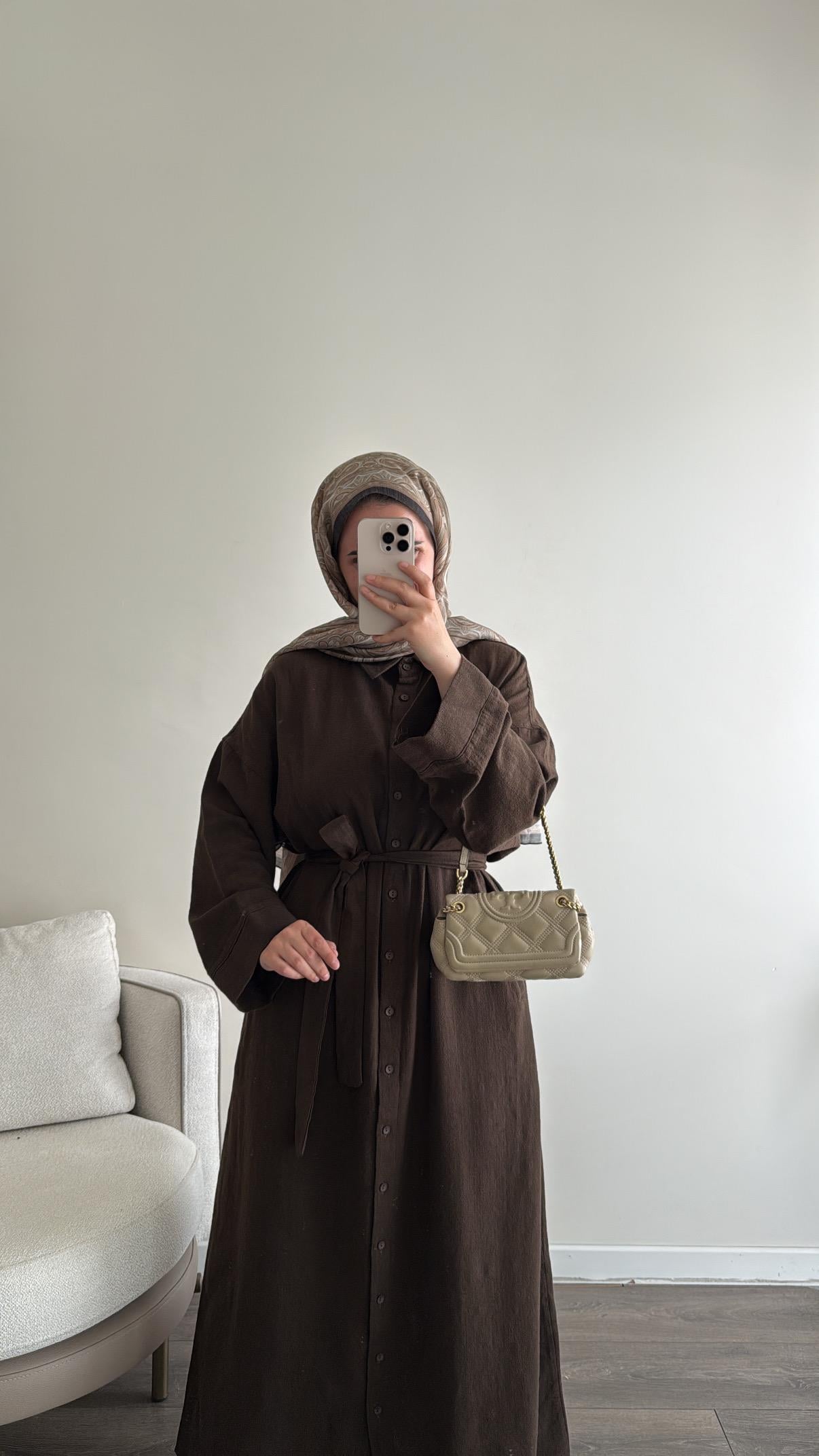 Keten Dokulu Kahve Gömlek Elbise