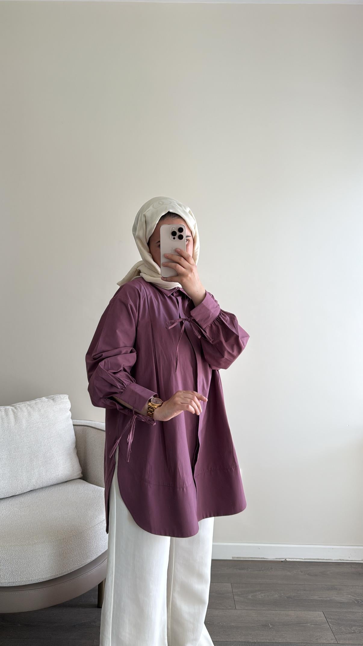 Kolları bağlamalı gömlek - Mürdüm