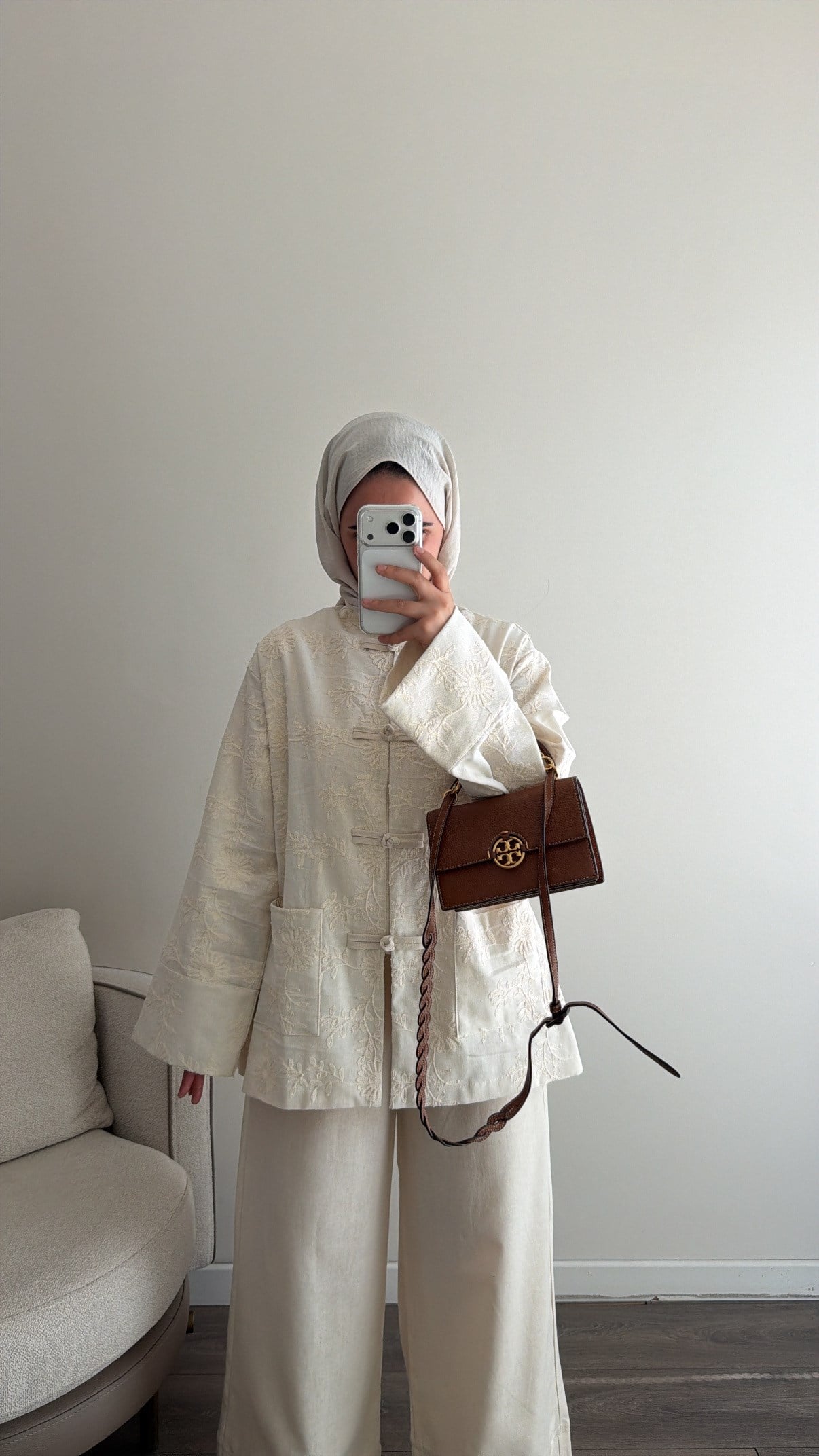 Nakış Detaylı Çiçek Desen Keten Kimono Ceket