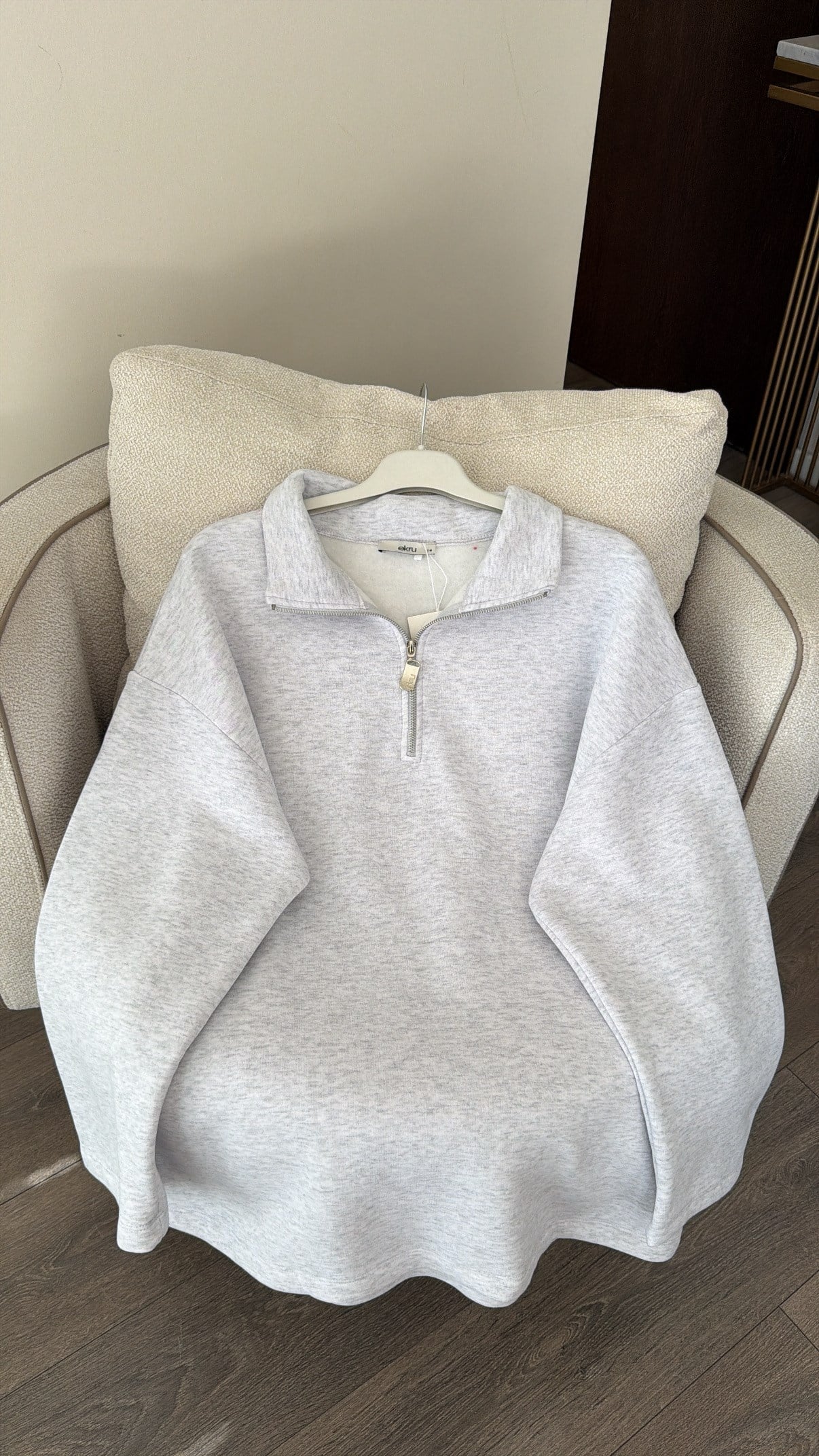 Yarım Fermuarlı Dik Yaka Sweatshirt - Gri
