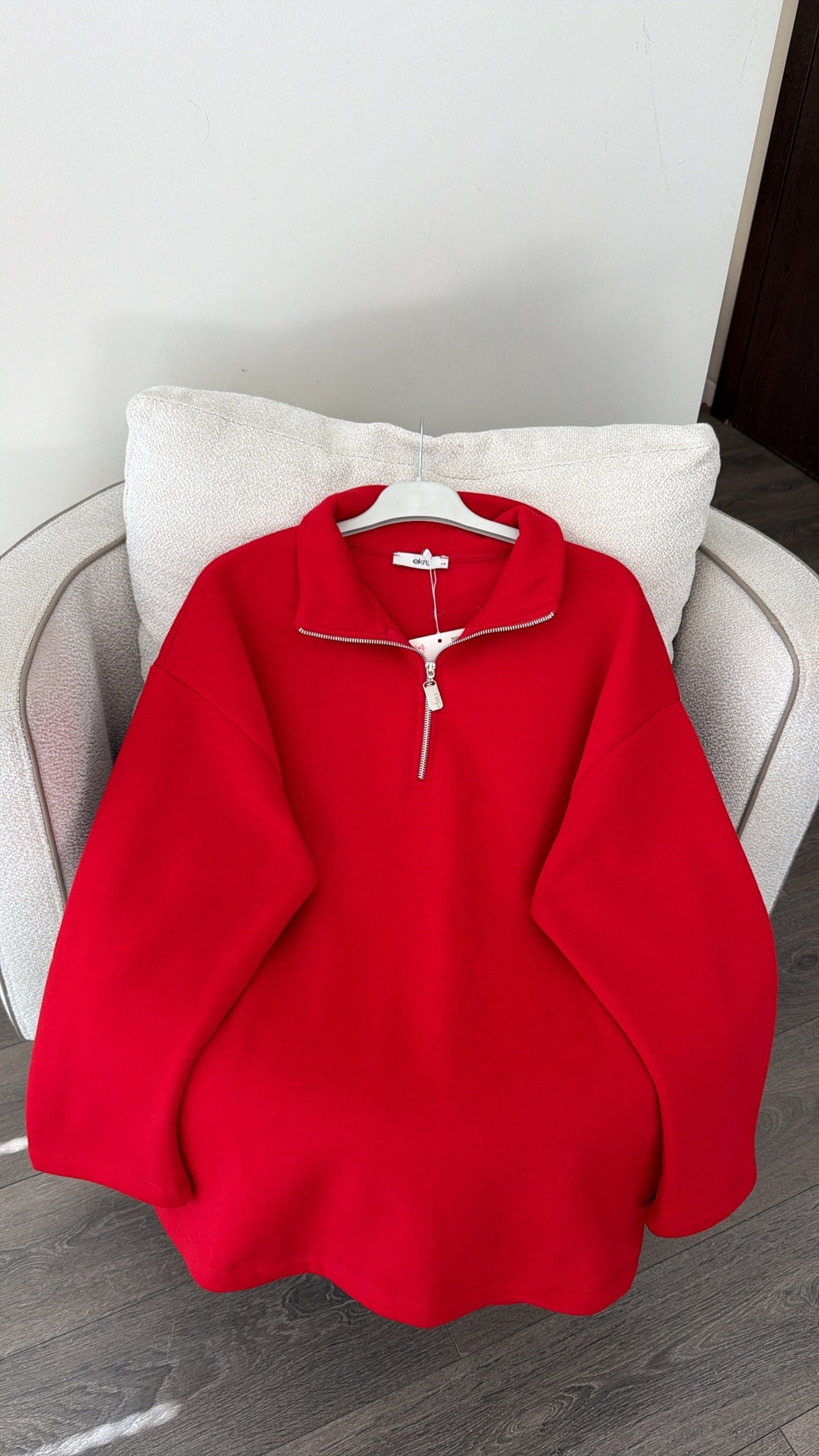 Yarım Fermuarlı Dik Yaka Sweatshirt - Kırmızı