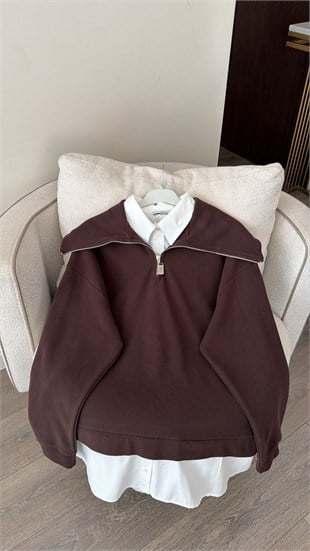 Fermuar Yaka Detaylı Kendinden Gömlekli Sweatshirt- Kahverengi 