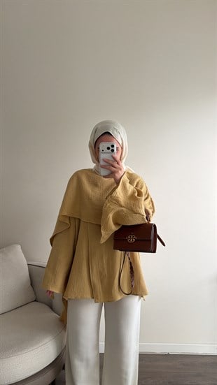 Pelerin Detaylı Safran Tunik