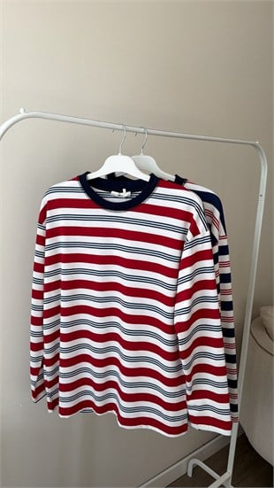 Yakası Dikiş Detaylı Çizgili Sweatshirt- Kırmızı