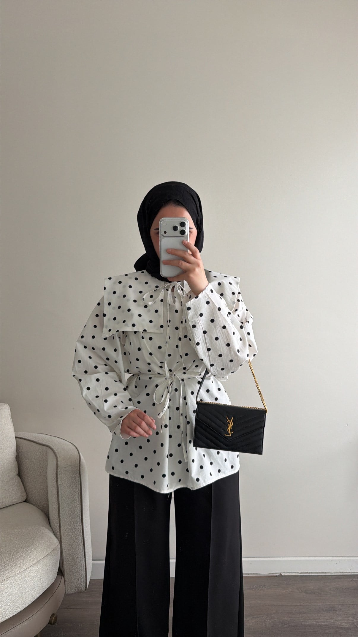 Bağcıklı Puantiye Gömlek - Beyaz