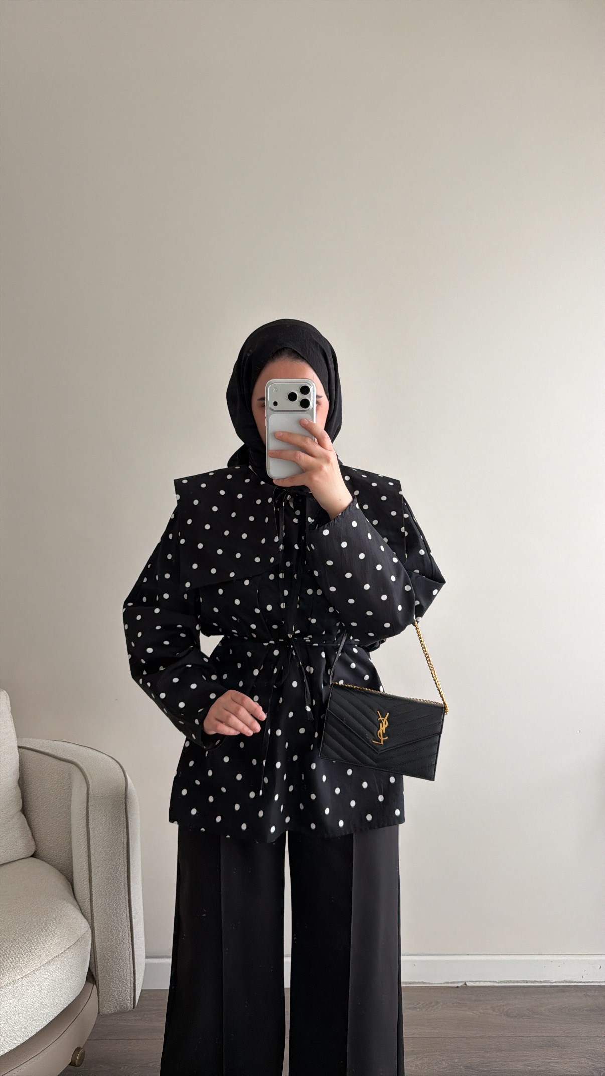 Bağcıklı Puantiye Gömlek - Siyah