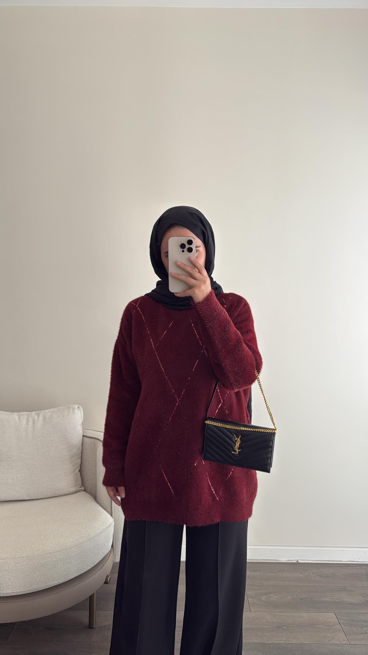 Baklava Desen Pullu Kazak - Bordo