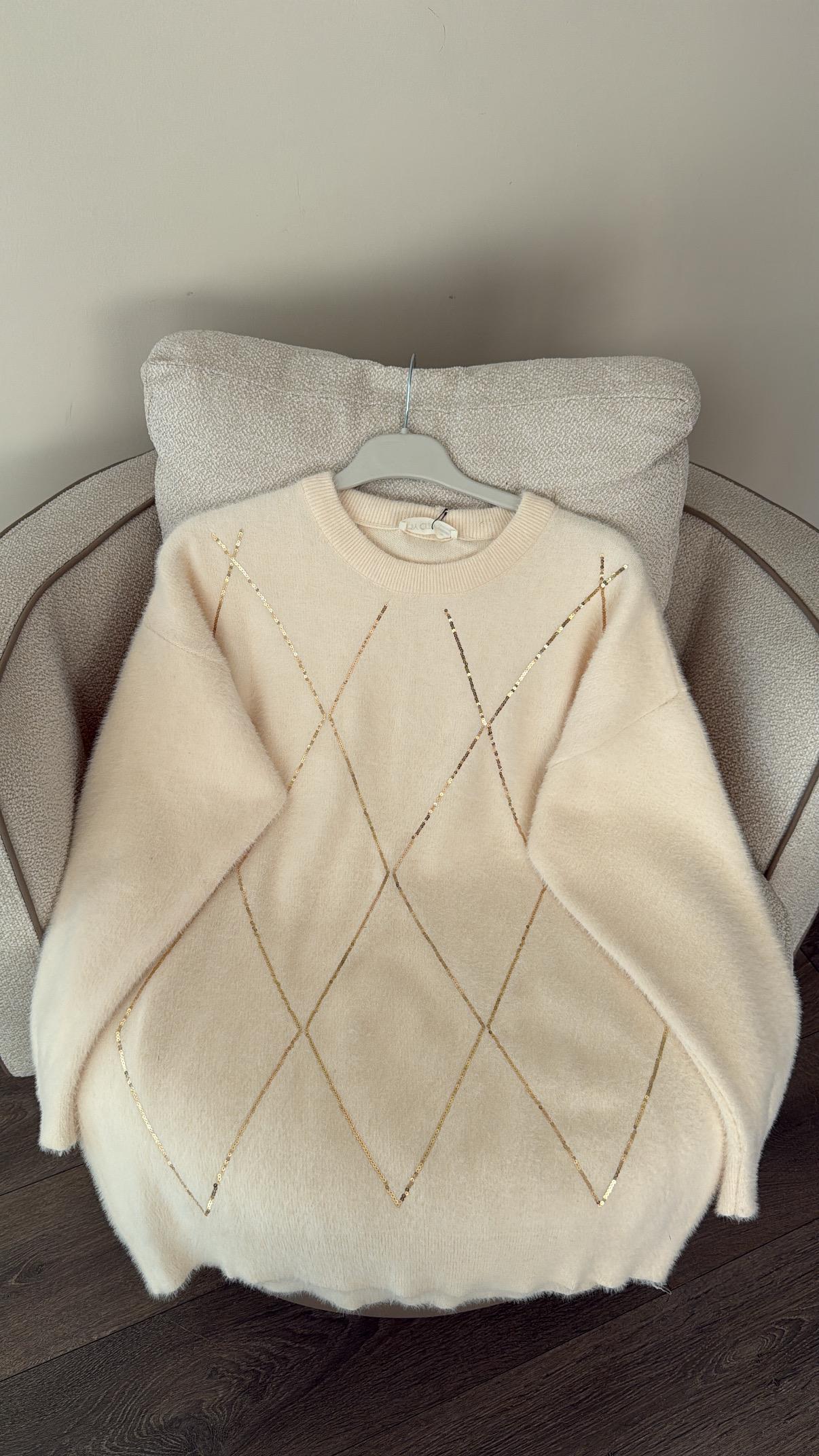 Baklava Desen Pullu Kazak - Ekru