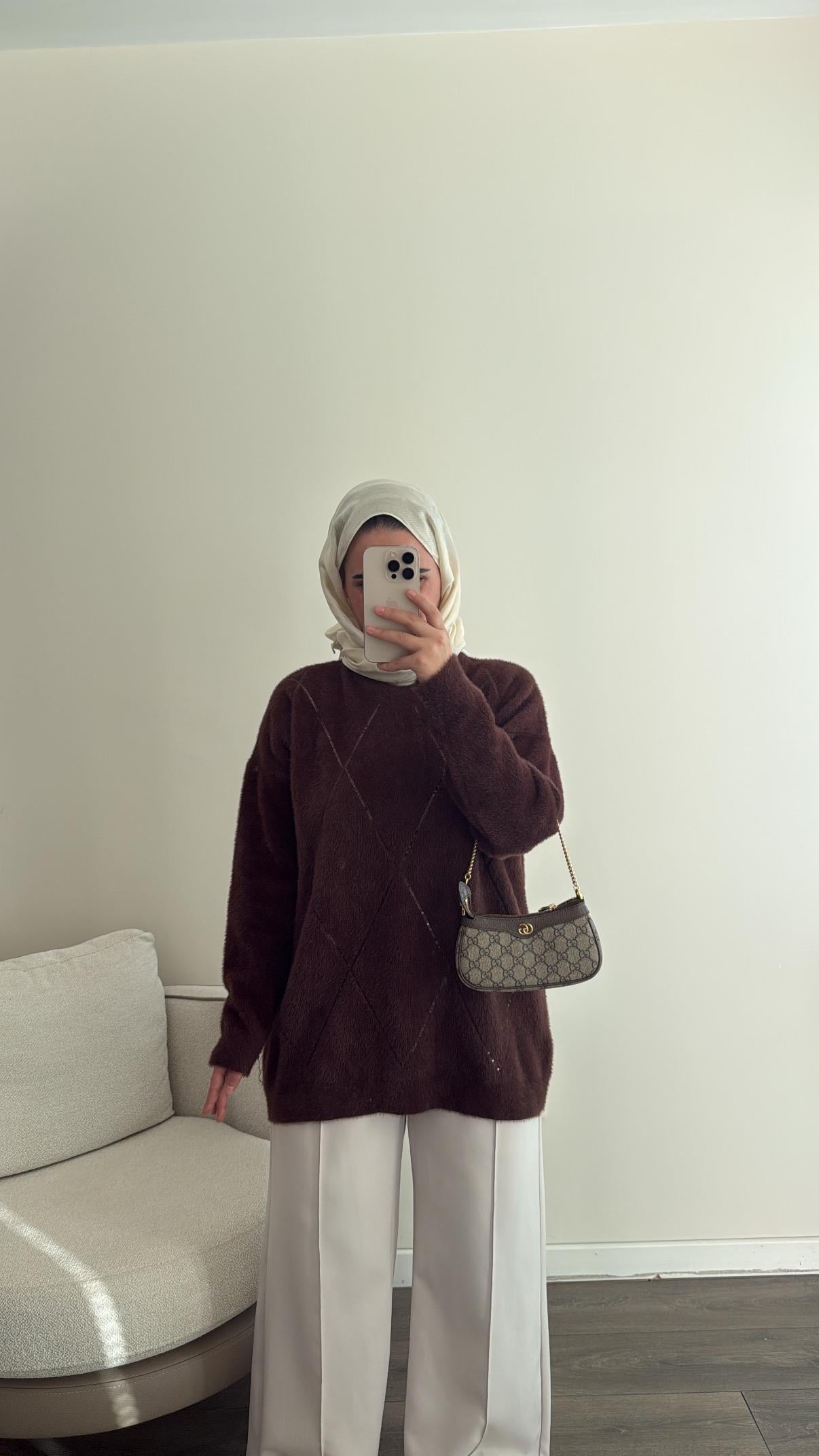 Baklava Desen Pullu Kazak - Kahverengi