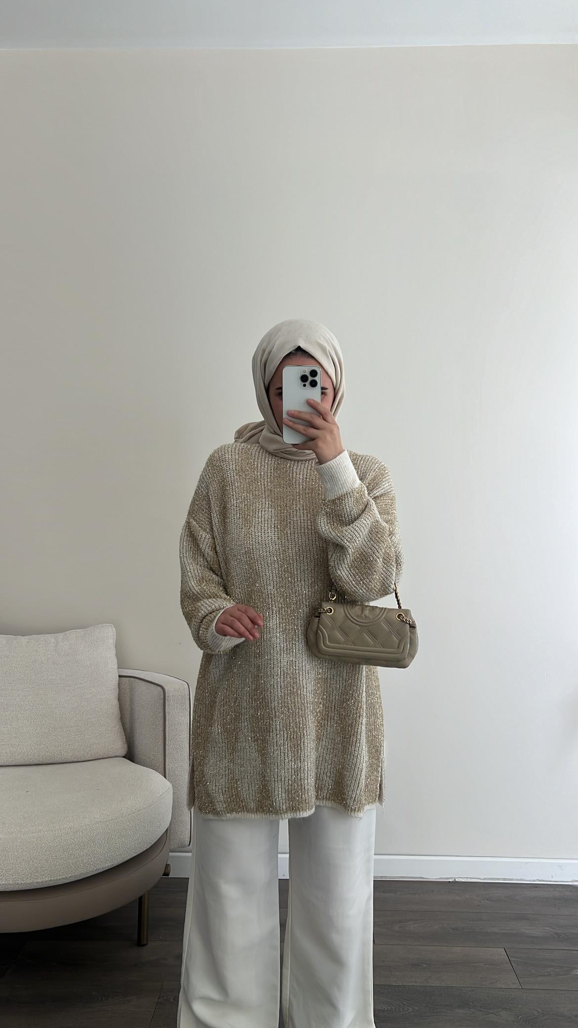 Baklava Desen Simli Kazak - Ekru