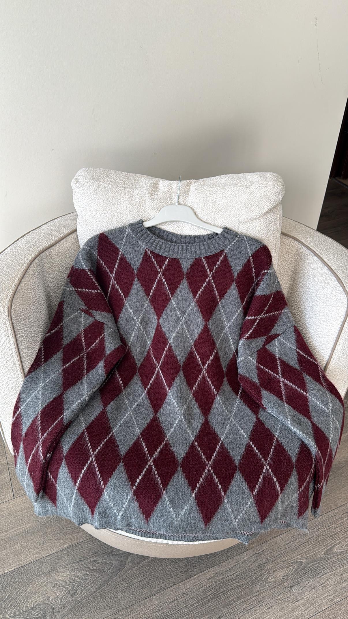 BAKLAVA DESEN TRİKO KAZAK - BORDO