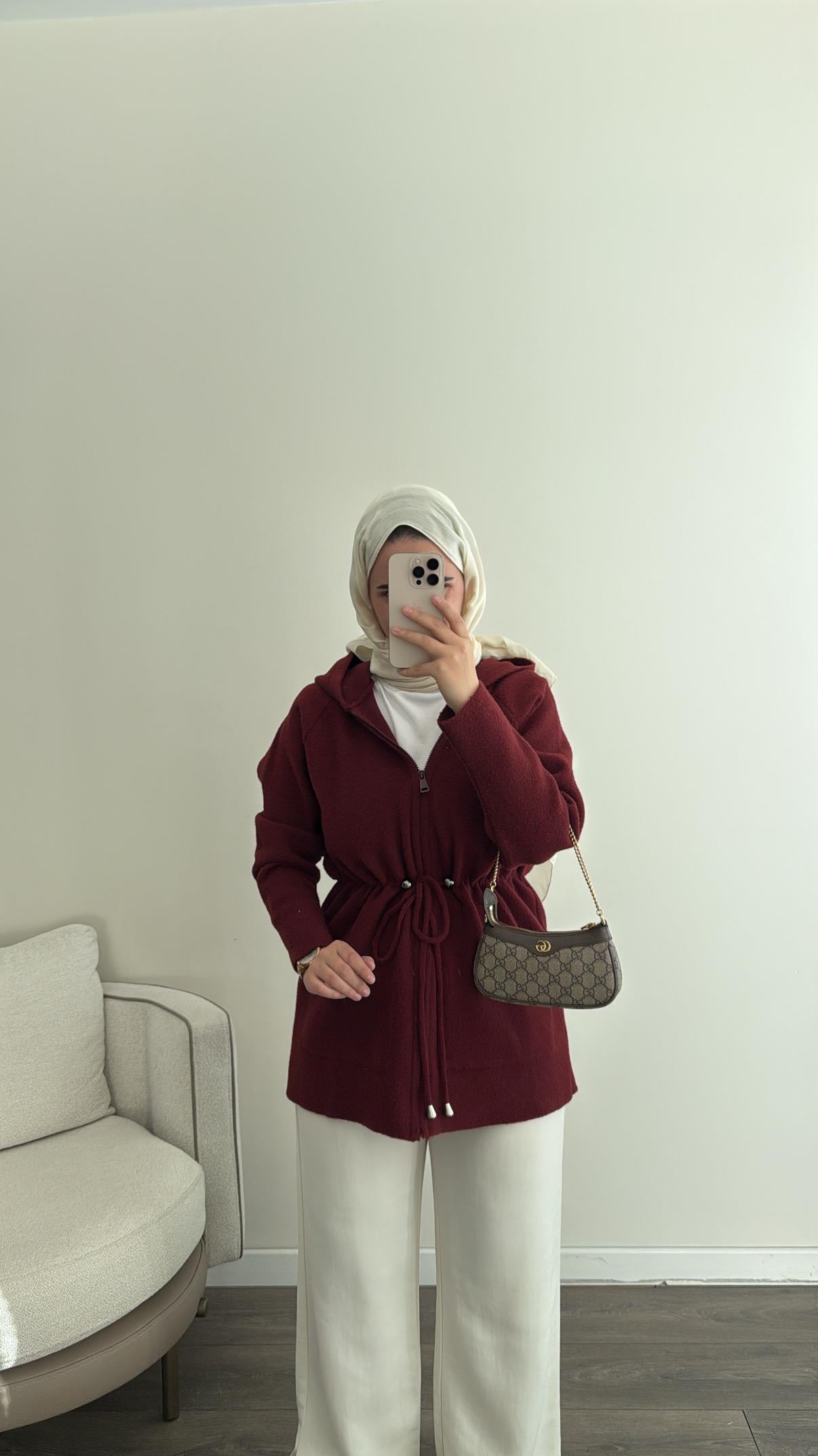 Belden Bağlamalı Angora Hırka - Bordo