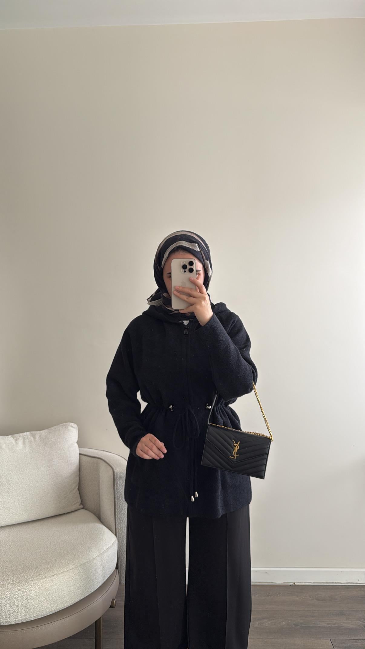 Belden Bağlamalı Angora Hırka - Siyah