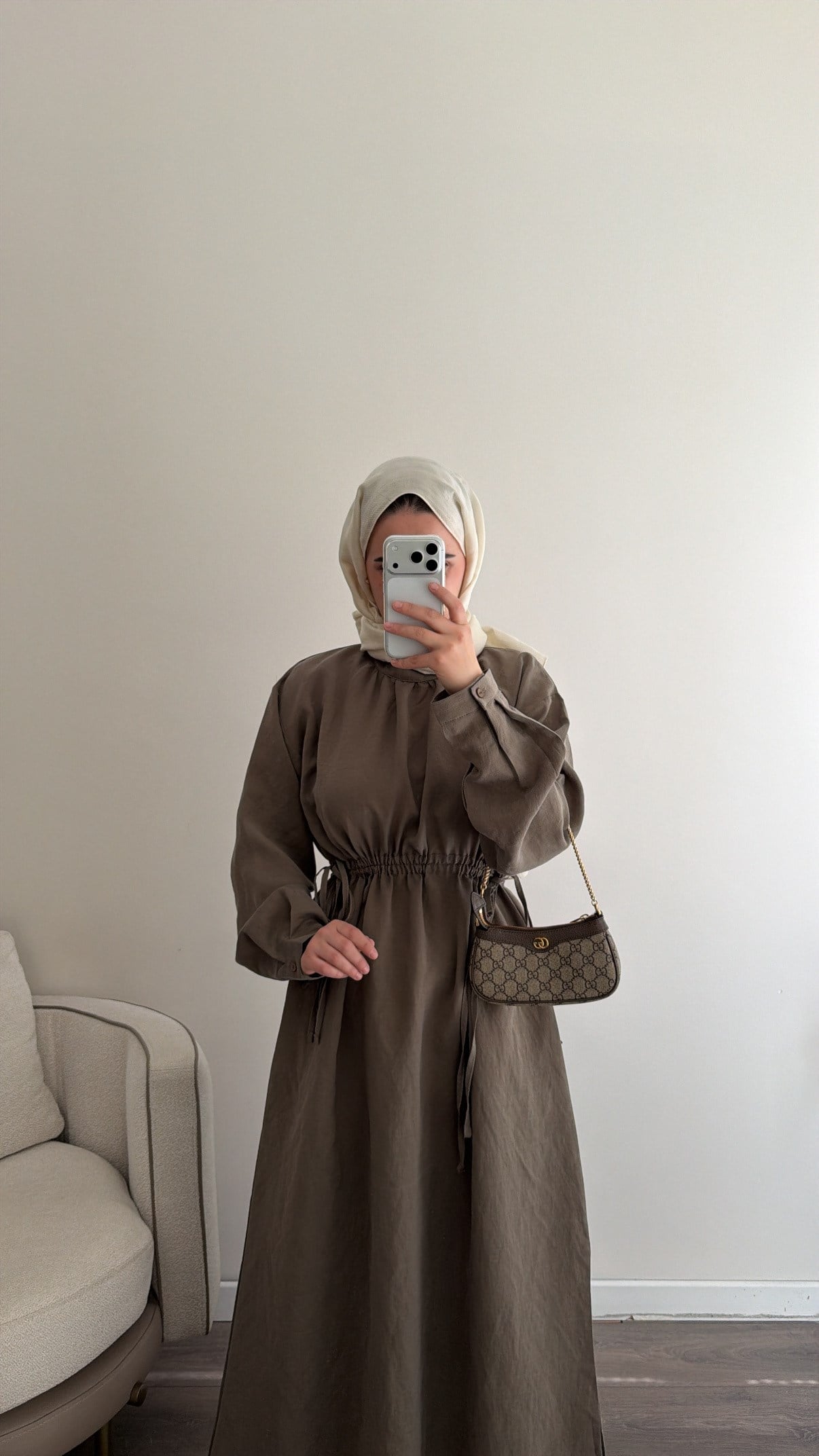 Beli Büzgü Bağlama Detaylı Koyu Haki Elbise