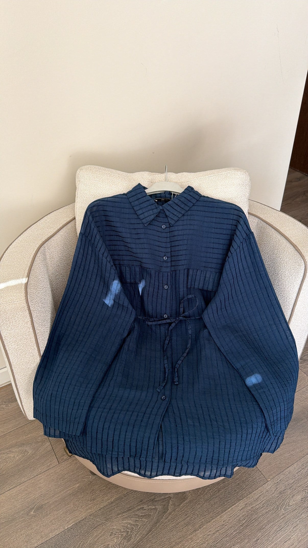 Cep Detaylı Kendinden Çizgili Gömlek - Lacivert