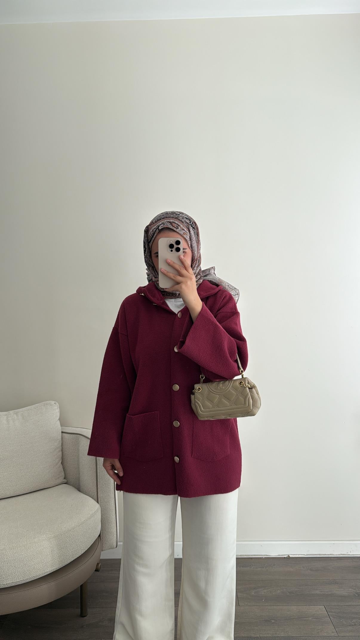 Dora Kapüşonlu Hırka - Mürdüm