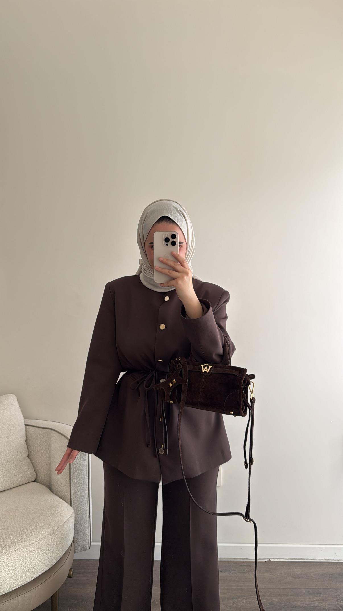 Düğme Detaylı Pantolonlu Takım - Kahve