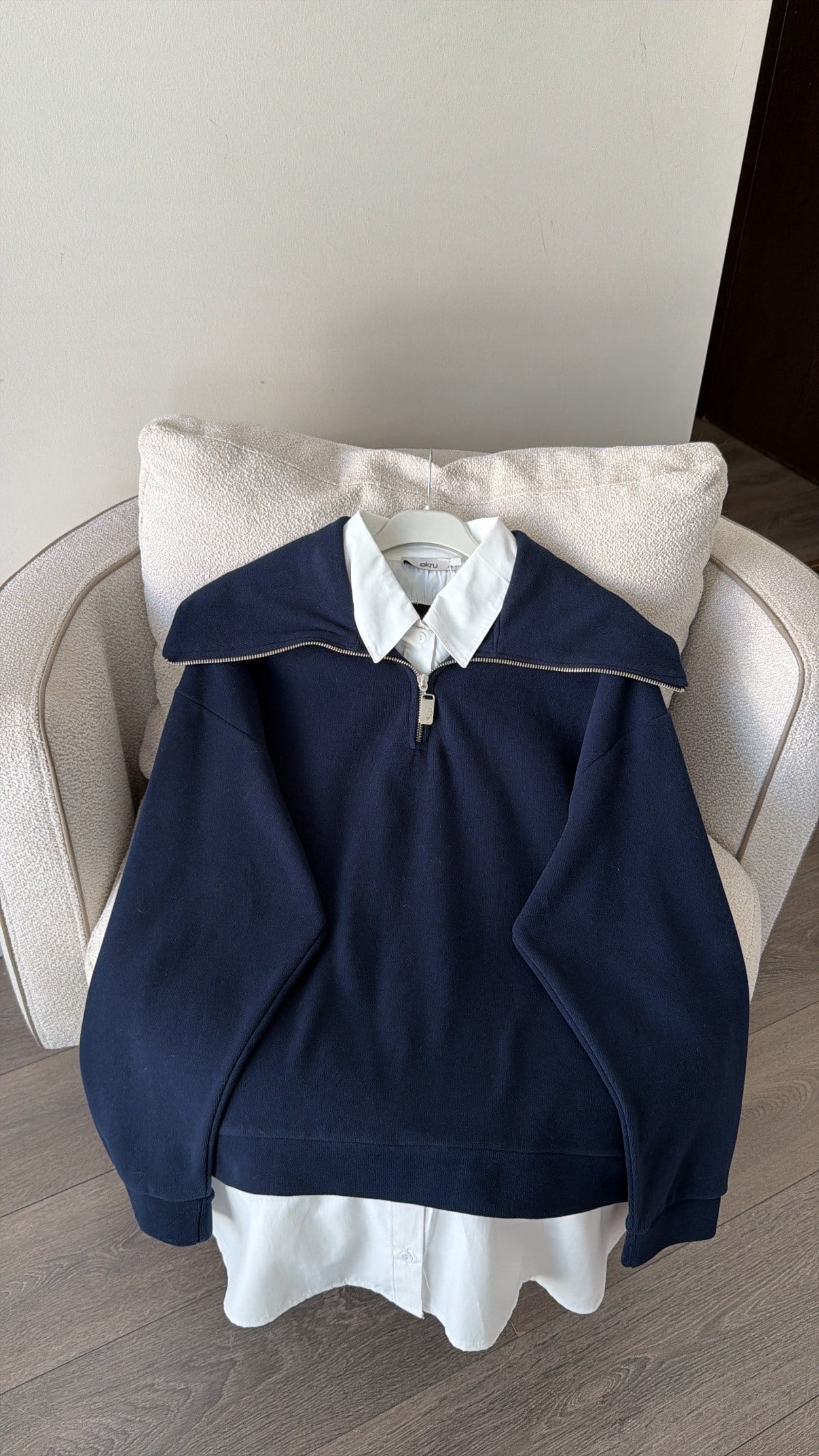 Fermuar Yaka Detaylı Kendinden Gömlekli Sweatshirt - Lacivert