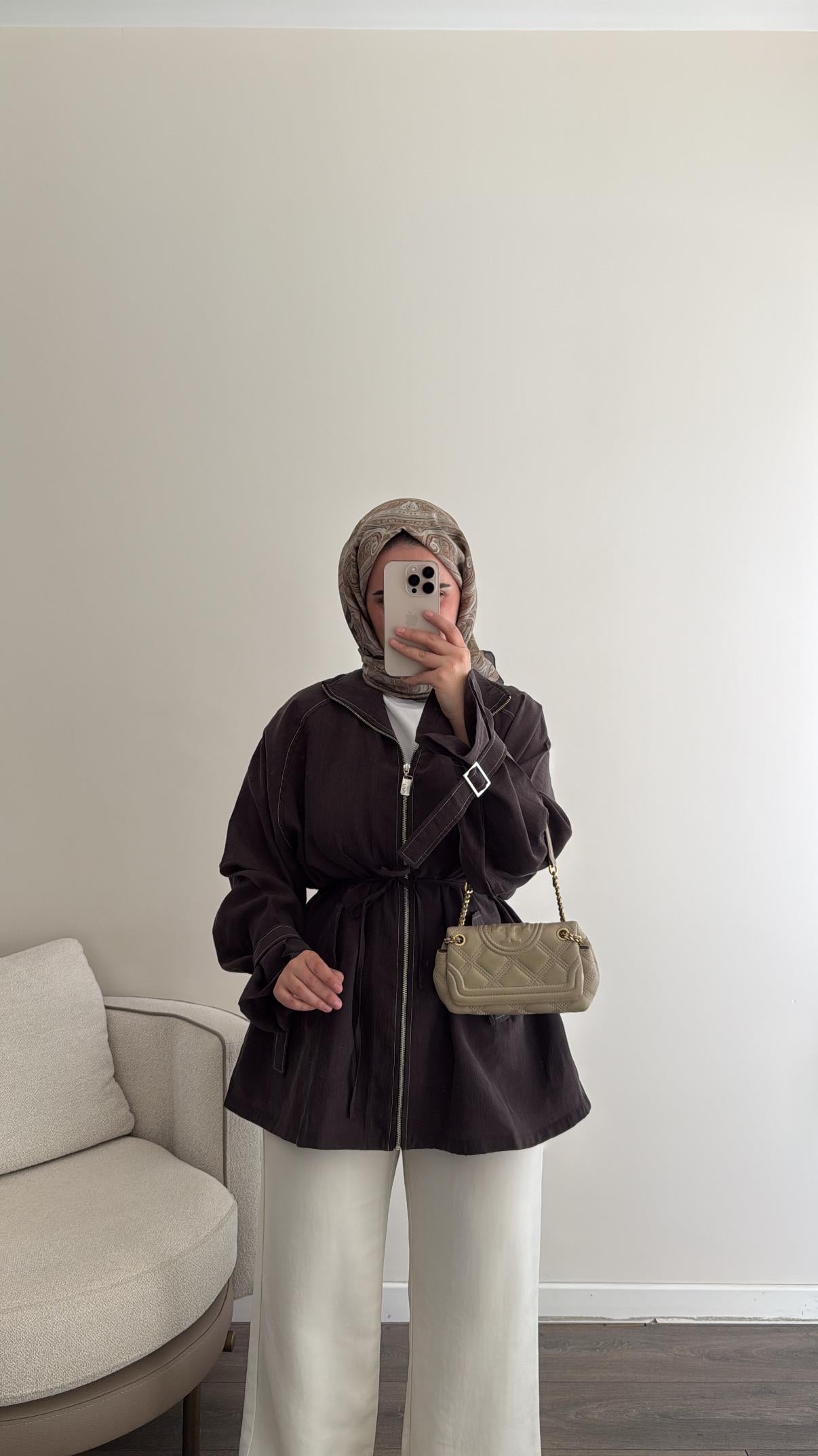 Fermuarlı Tencel Kap - Kahverengi