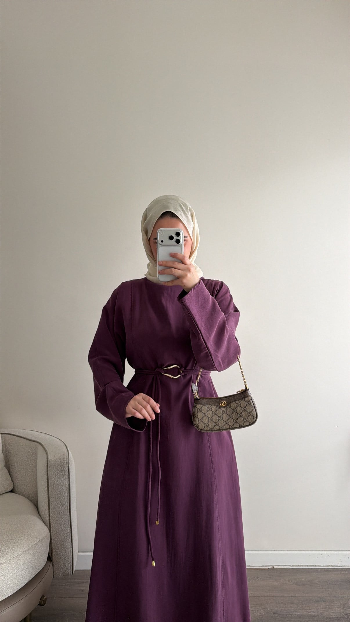 Gold Aksesuar Desenli Elbise - Mürdüm