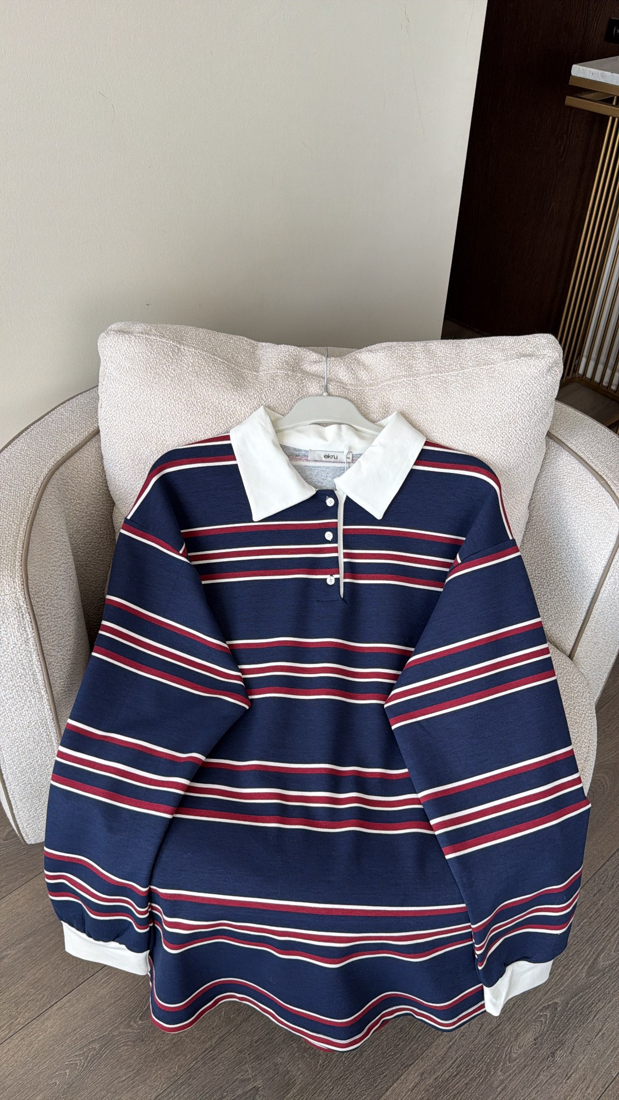 Gömlek Yaka İnce Çizgili Sweatshirt - Lacivert