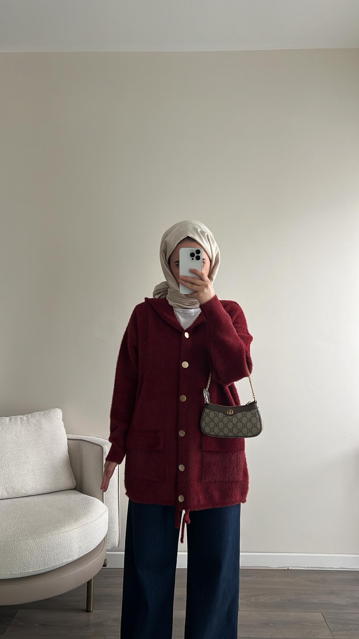 Kapüşonlu Yumoş Hırka - Bordo