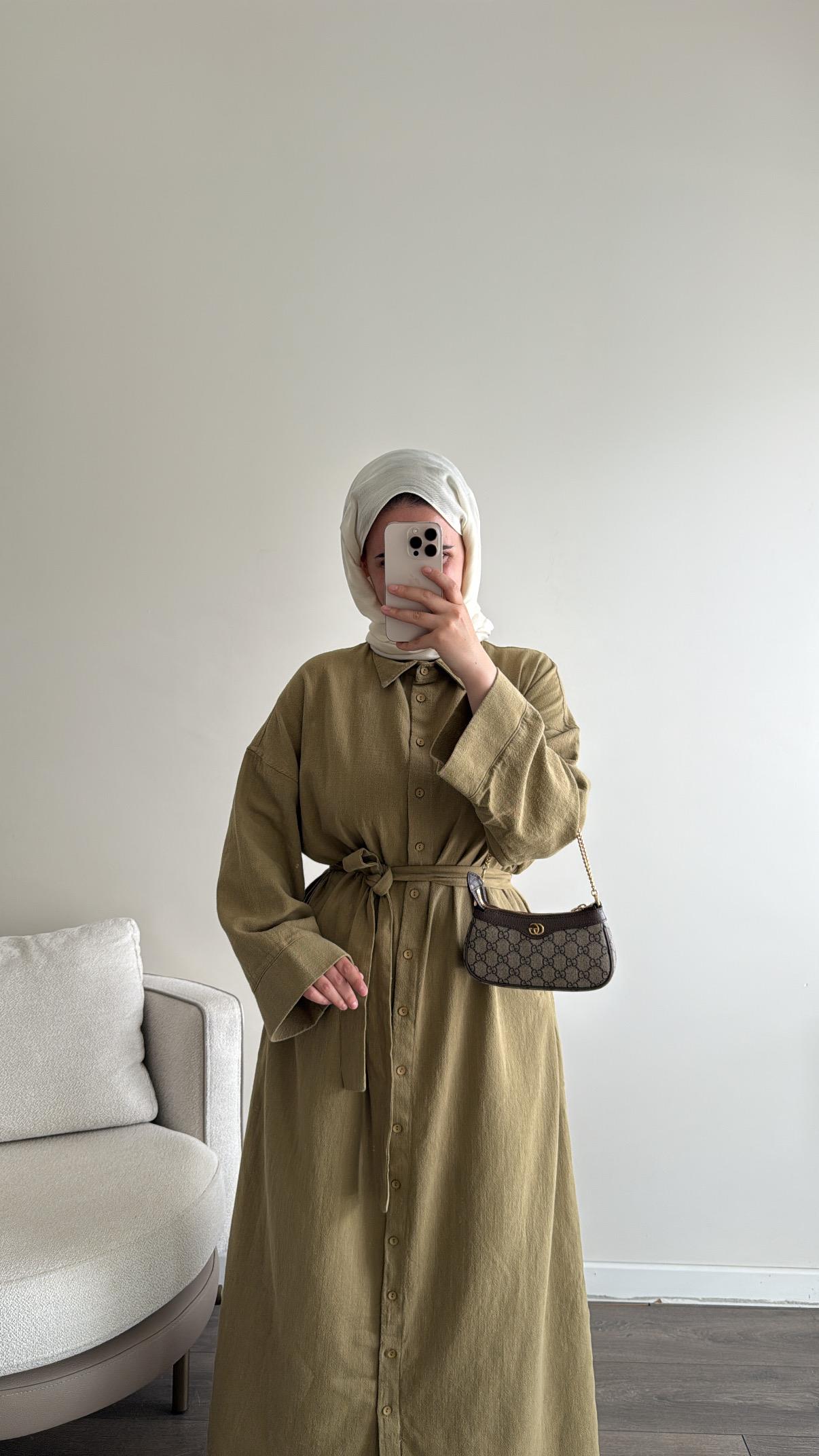 Keten Dokulu Haki Gömlek Elbise