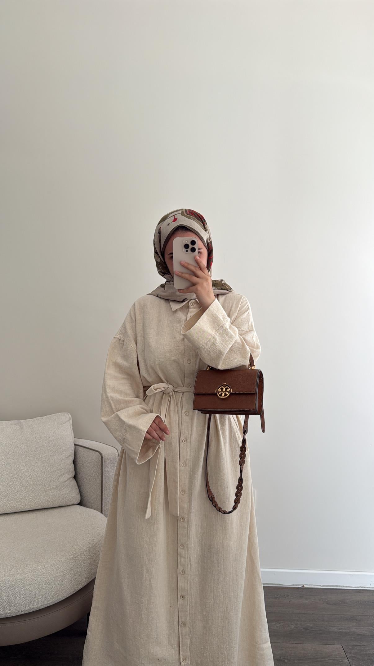 Keten Dokulu Naturel Gömlek Elbise